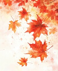 Wall Mural - Watercolor maple leaves in vibrant autumn colors, scattered on white background, creating seasonal design.
