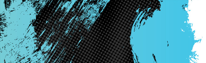 Poster - black, white, and blue abstract background with grunge halftone brush strokes pattern. landscape horizontal layout design. Dots pop art comics sport style vector illustration modern grunge