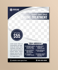 Poster - Auto Repair Flyer Template, engine treatment service brochure, car wash, Maintenance poster with space for photo. blue element isolated on grey white gradient background. vertical layout illustration