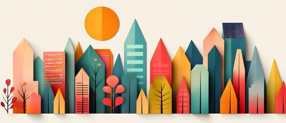 Poster - Futuristic city skyline with modern skyscrapers and buildings featuring solar panels and green roofs