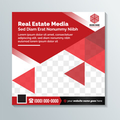 Poster - Real estate media agency square banner template for social media post, red and black color element isolated on white background. transparent triangle pattern and space for photo collage.