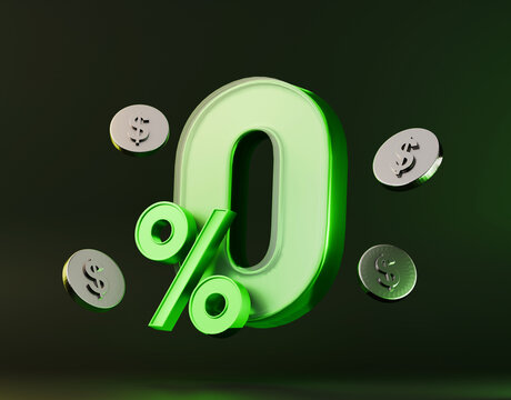 0 percent 3d render in glass morphism style, green theme with coins, dollar sign on dark background. Zero percent interest rate for banking and credit shopping banner background. 3d number letter