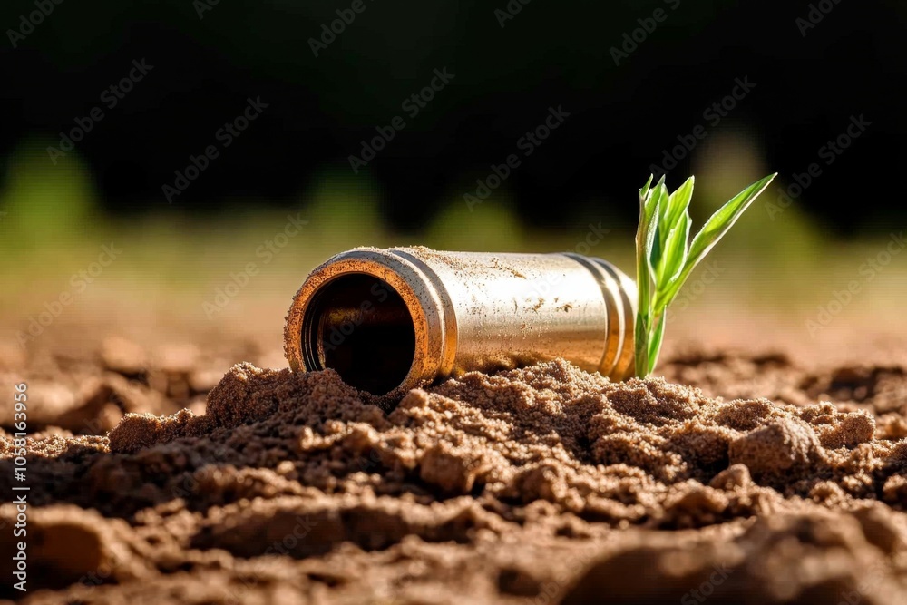Detailed view of a spent bullet casing lying in dust, capturing the ...