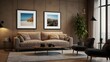 © RioMeisya - A cozy living room with a brown leather sofa, a coffee table, and two framed landscape photos on a dark brown wall. The room has a warm and inviting
