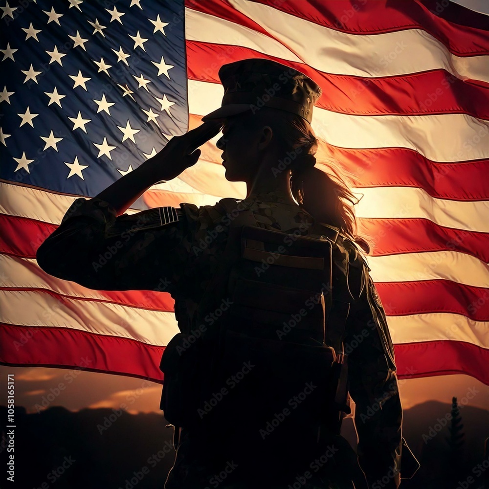 Silhouette of soldier saluting the American flag Stock Photo | Adobe Stock