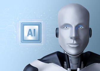 Poster - AI abbreviation and robot on color background with electric circuit board pattern