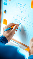 A close-up of a person's hand holding a pen, sketching ideas on a whiteboard filled with sticky notes and diagrams.