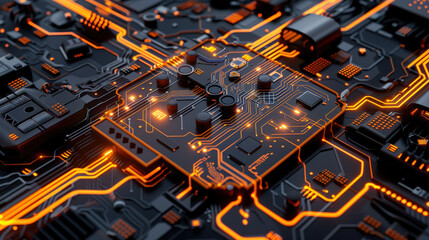 Aufkleber - High tech circuit board with glowing orange lines and intricate patterns, showcasing advanced technology and electronic components