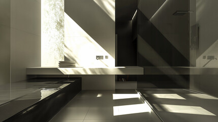 Poster - Minimalist bathroom with a floating vanity, frameless glass shower, and a clean black-and-white color palette, creating a sleek and modern vibe.