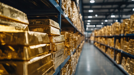 Poster - A warehouse with gold bars stacked on shelves. The bars are in different sizes and shapes. The warehouse is well lit and organized