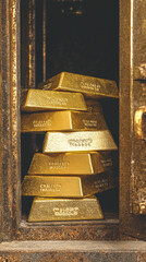 Poster - A stack of gold bars are piled on top of each other in a safe. The bars are labeled with numbers and letters, and the safe is made of metal. Concept of wealth and security