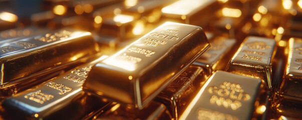 A close up of gold bars with the word gold on them. The bars are stacked on top of each other, creating a sense of abundance and wealth. The image conveys a feeling of luxury and prosperity