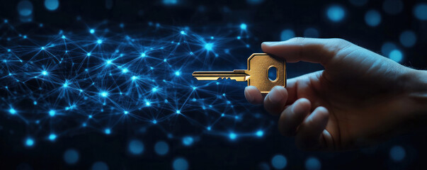 Poster - A hand holding a key in front of a blue background. The key is golden and the background is filled with blue dots