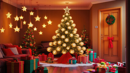 Wall Mural - festive living room decorated for christmas with tree, gifts, and warm lights.