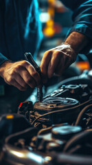 Poster - A mechanic is working on a car engine. Concept of focus and concentration as the mechanic carefully inspects and repairs the engine. The scene suggests that the mechanic is skilled