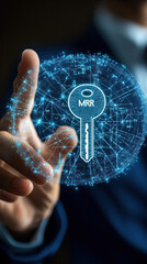 Poster - A man is pointing to a key on a screen. The key is blue and has the letters MRR on it