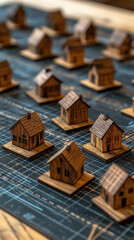 Poster - A group of wooden houses are arranged on a blue background. The houses are all different sizes and shapes, but they all have a similar design. The scene gives off a feeling of warmth and coziness