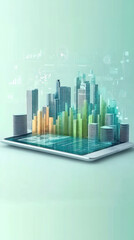 Poster - A tablet with a cityscape on it. The cityscape is made up of buildings and trees
