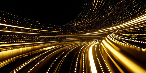 3D abstract curve speed line wave road tunnel with glitter star dot data particles and stripe ray flow, gold and silver shiny virtual space shiny web tech transport background