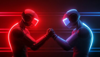 Two futuristic robots in a standoff, illuminated by red and blue lights.