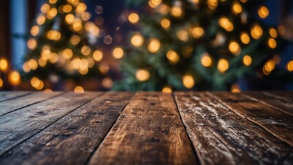 Wall Mural - rustic wood board surface with christmas tree and bokeh lights mockup background