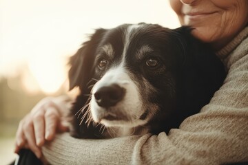 A woman is hugging a black and white dog