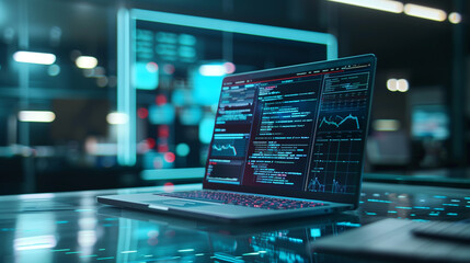 Poster - software codes display on screen of a laptop on the table in modern office, web development software