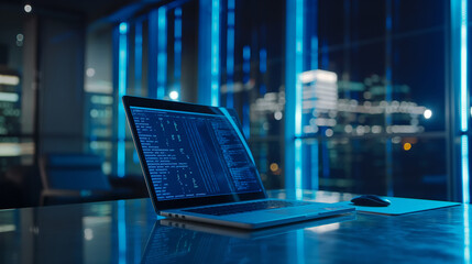 Poster - software codes display on screen of a laptop on the table in modern office, web development software engineering cybersecurity
