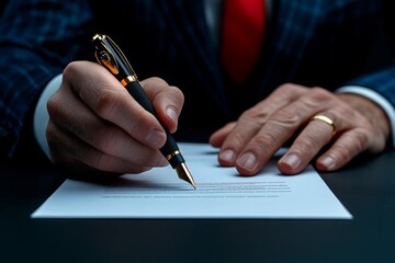 Close-up of hands signing a debenture contract, with formal seals and structured terms visible on the document, symbolizing trust and legality, symbolizing precision and formality