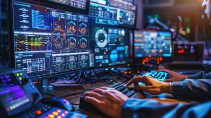 Aufkleber - Worker operating control panel in high tech control room, managing various data displays and systems. environment is filled with screens showing graphs and metrics, creating focused atmosphere