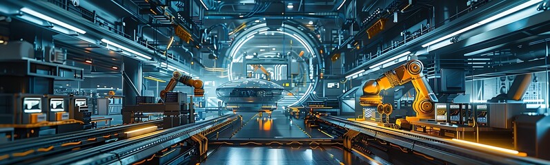 Aufkleber - A futuristic industrial setting filled with robotic arms, glowing lights, and intricate machinery, showcasing advanced automation and technology.