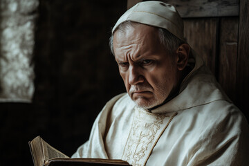 Selective focus old man with white cloth, Portrait of bishop holding book with curious face.