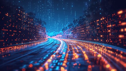 Aufkleber - Futuristic Digital Highway with Binary Code and Light Trails in Night Sky - Abstract Technology Concept 3D Illustration
