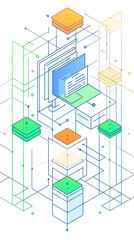 Poster - A computer monitor is shown with a stack of papers on top of it. The image is a representation of a computer network, with the monitor and papers symbolizing the data