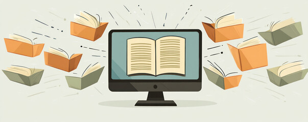 Poster - A computer monitor shows a book with a lot of pages flying out of it. Concept of reading and learning, as well as the excitement and energy that comes with exploring new ideas and knowledge