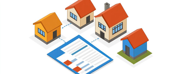 Poster - A house is shown with a blue house in the background and two orange houses in the foreground. The houses are connected by a piece of paper