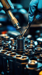 Poster - Two mechanics are working on a car engine. Concept of precision and expertise as the mechanics carefully manipulate the engine parts