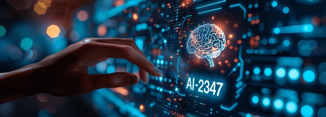 Aufkleber - AI Machine Learning Digital Technology Hand Touches Virtual Screen Data Science Cloud Computing Software Development