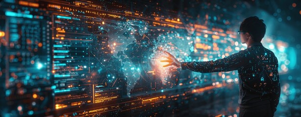 Aufkleber - AI Machine Learning Data Science Concept Businessman Using Hologram Technology Virtual Screen Big Data Analysis Cyber Security