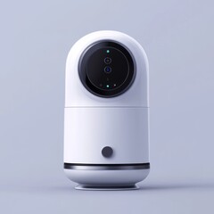 White smart home device with a round camera lens and a blue light.