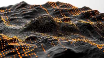 Abstract black dark background with orange dots and lines, creating a wave pattern on the surface of mountains, 3D rendering, white background, high resolution 