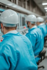 Workers in blue uniforms and helmets operating machinery in a control room.