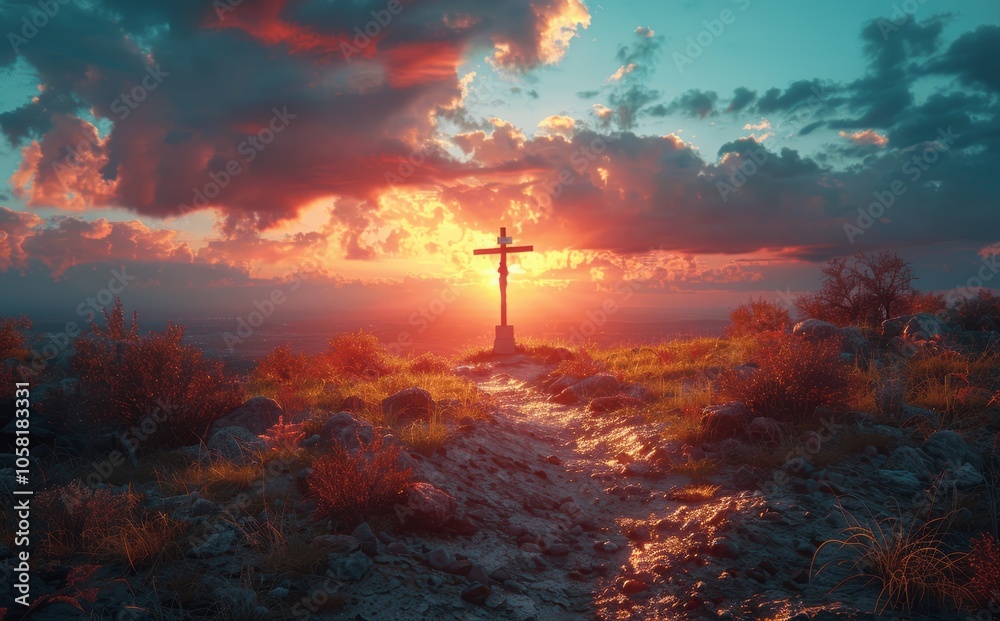 Jesus Christ Carrying The Cross On A Desert Hill During A Beautiful jesus-christ-carrying-the-cross-on-a-desert-hill-during-a-beautiful