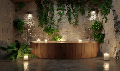 Aufkleber - A serene spa-like setting featuring a wooden hot tub surrounded by lush plants and soft candlelight, creating a tranquil atmosphere.