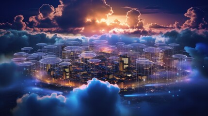 Fototapete - Cityscape in the Clouds: A Digital Metropolis
