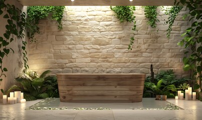 Aufkleber - A serene interior space featuring a wooden bench, stone wall, lush greenery, and soft candlelight, creating a peaceful ambiance.