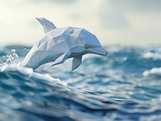 Canvas Print - A low-poly dolphin leaps out of the water. AI.