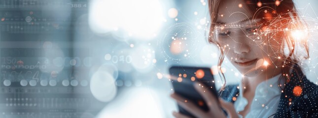 Aufkleber - Businesswoman Using Mobile Phone with Global Network Data Connection and AI Technology for Digital Marketing and E-commerce