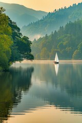 Wall Mural - A sailboat glides across a calm lake, reflecting the surrounding trees and mountains. AI.