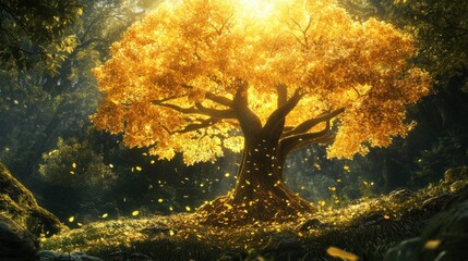 A golden tree in the middle of a lush green forest,